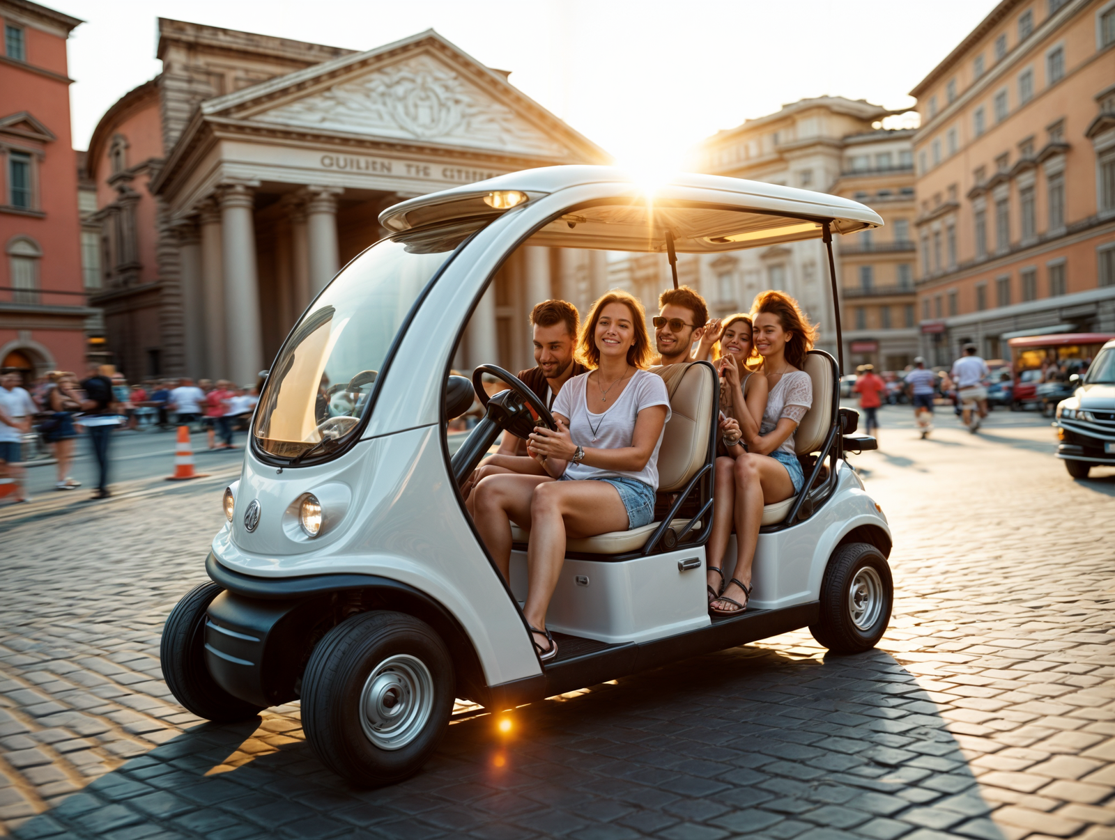 a_modern_electric_golf_car_with_a_sleek_white_design_driving_through_the_historic_streets_of_rome_a_h0thxevnak7nfmk0az8g_0 enhanced
