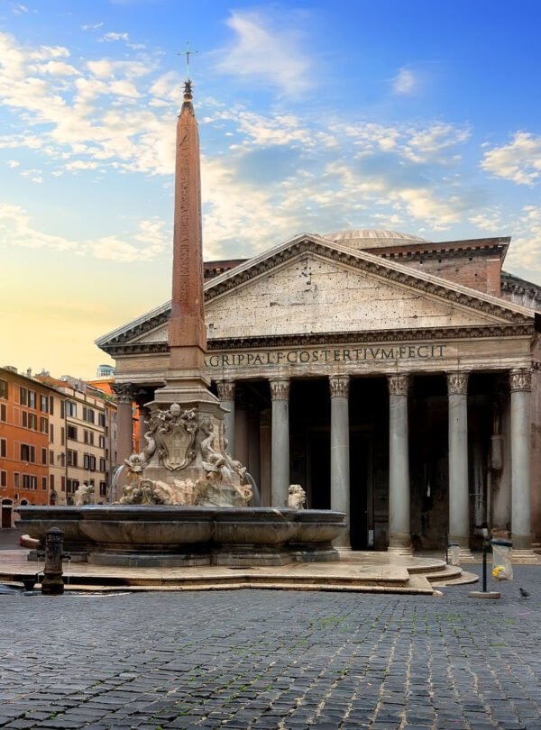 Pantheon and fountain in Rome at sunrise, Italy